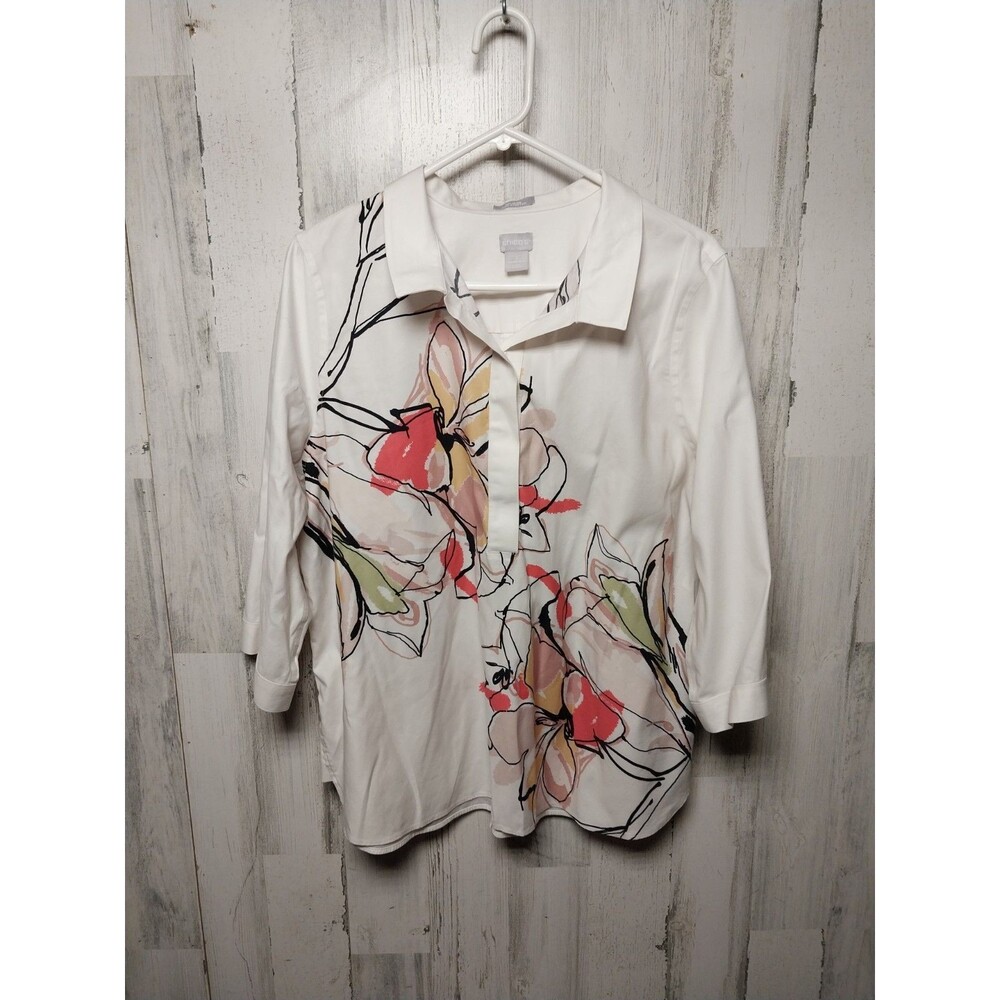 Chico's No Iron Chic Stretch White Floral Tunic Shirt XL